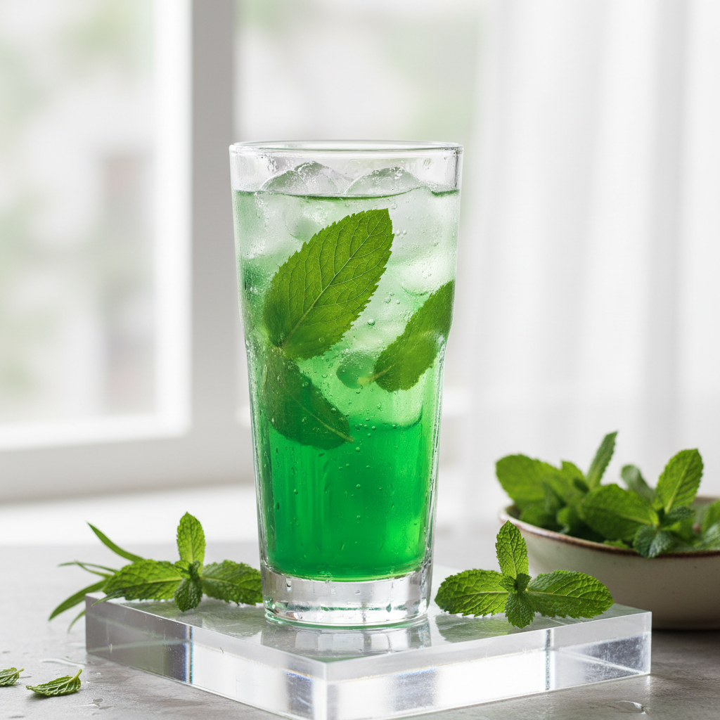 Thick creamy mint green milkshake in tall glass with whipped cream and mint leaves, bright light