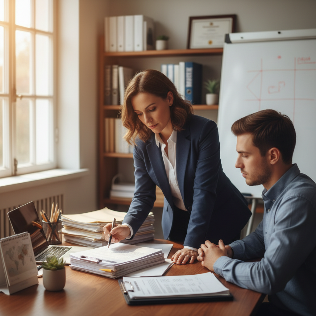 Visa consultant reviewing documents with client in office