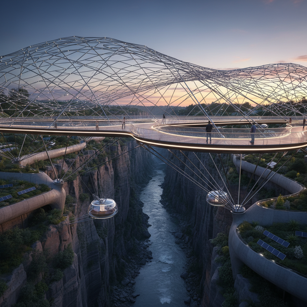 Speculative bridge structure with tensile cables and pedestrian deck over river gorge