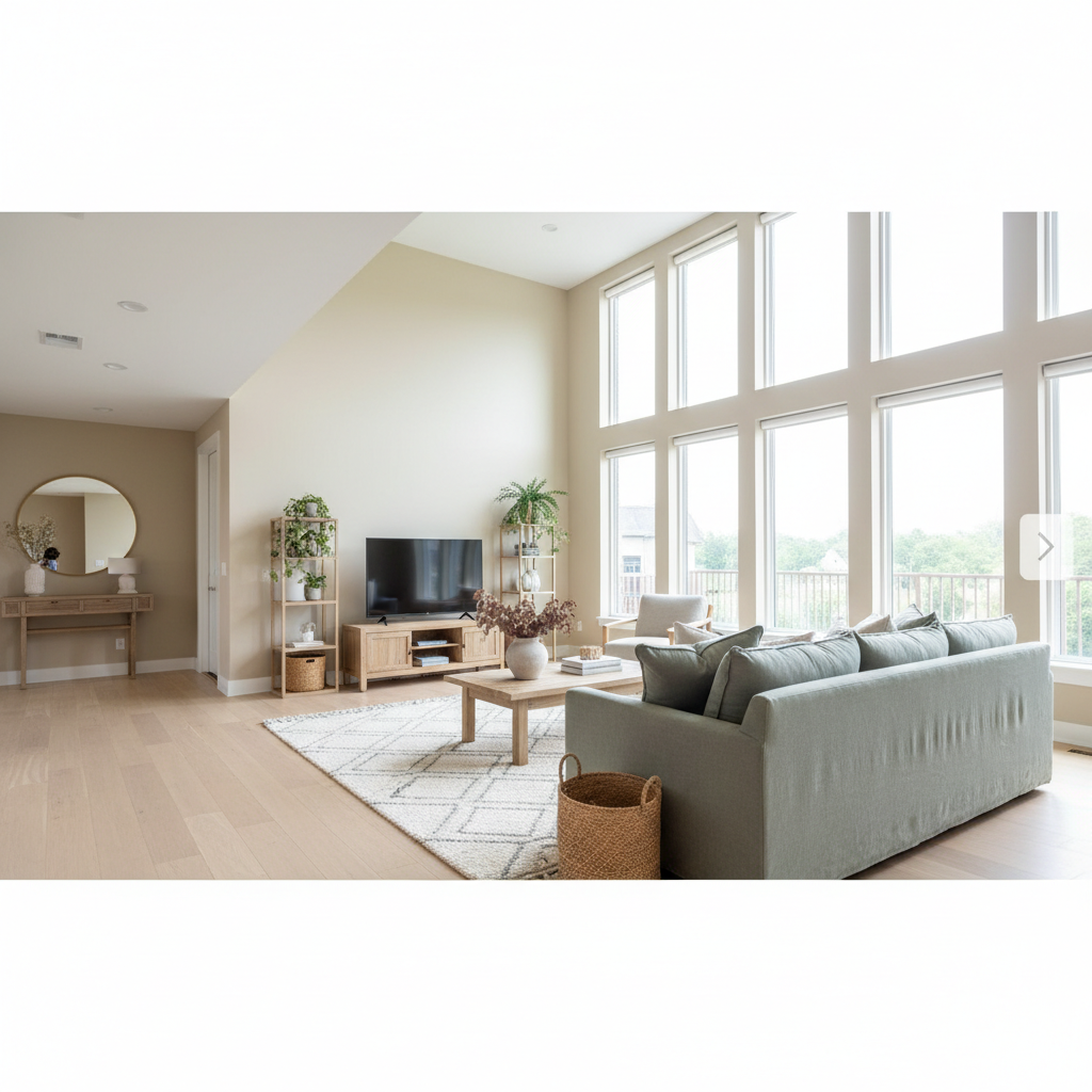 Bright airy Southern California living room with light carpet, modern sofa, and large windows letting in natural daylight