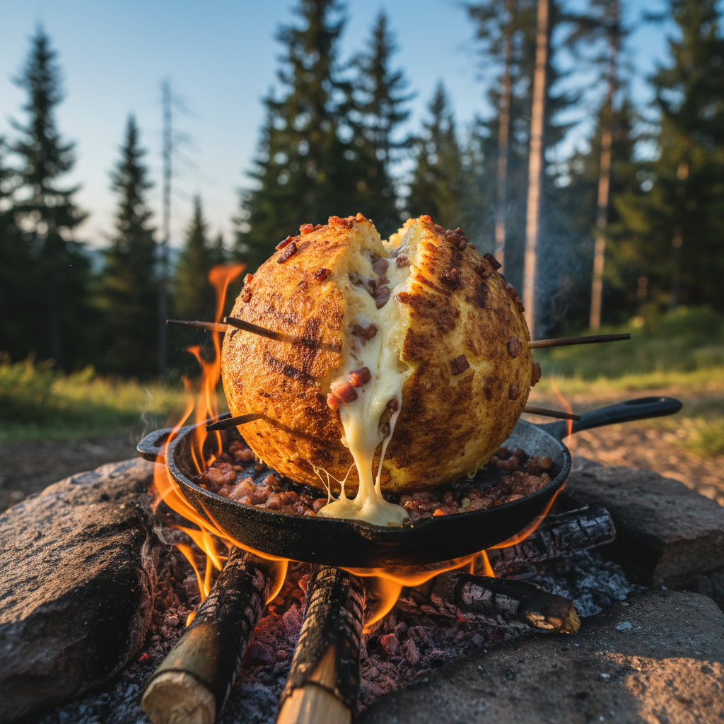 Bulz polenta stuffed with cheese and bacon grilled over open fire