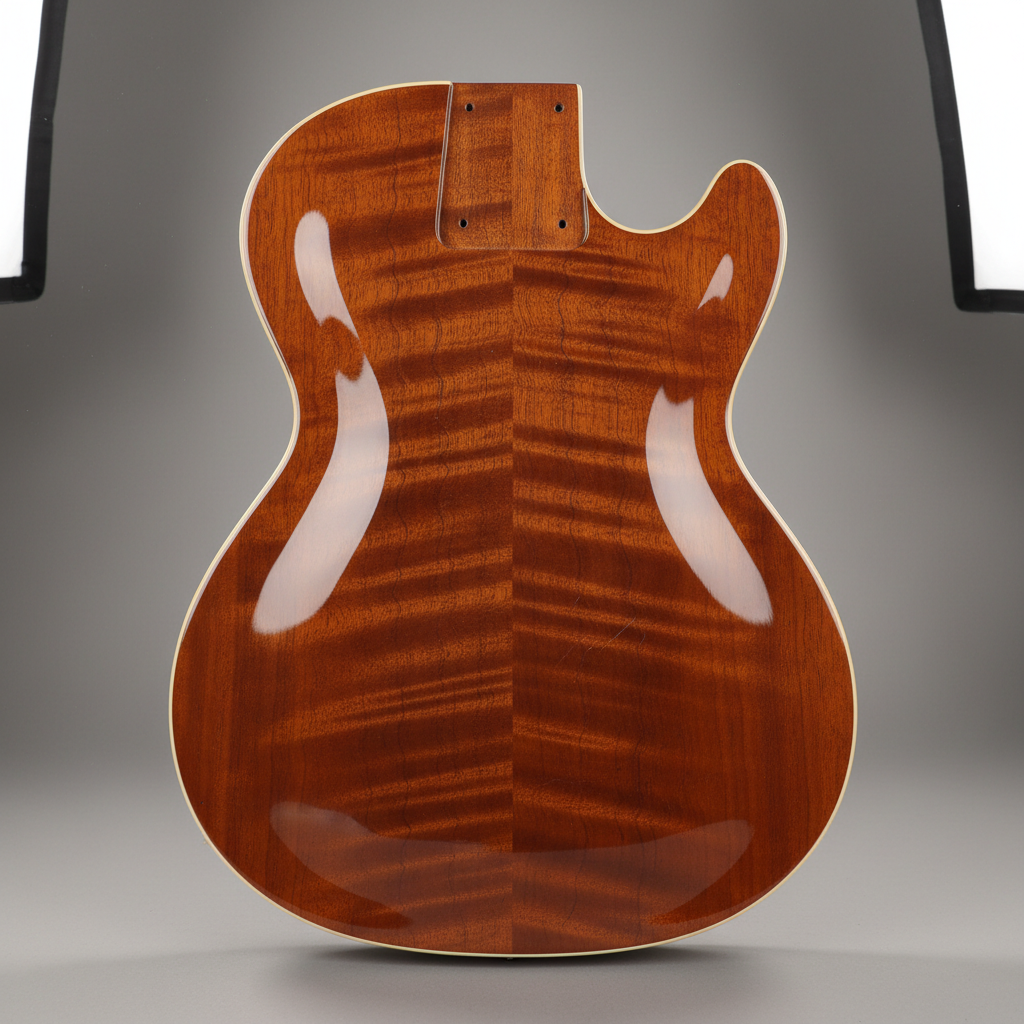 Guitar body under a shop light showing the depth and clarity of a hand-polished nitrocellulose finish