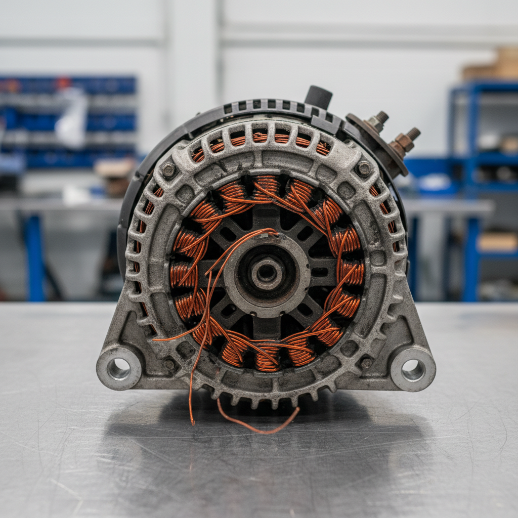 Used alternator with copper windings visible, cleaned and load-tested on shop bench