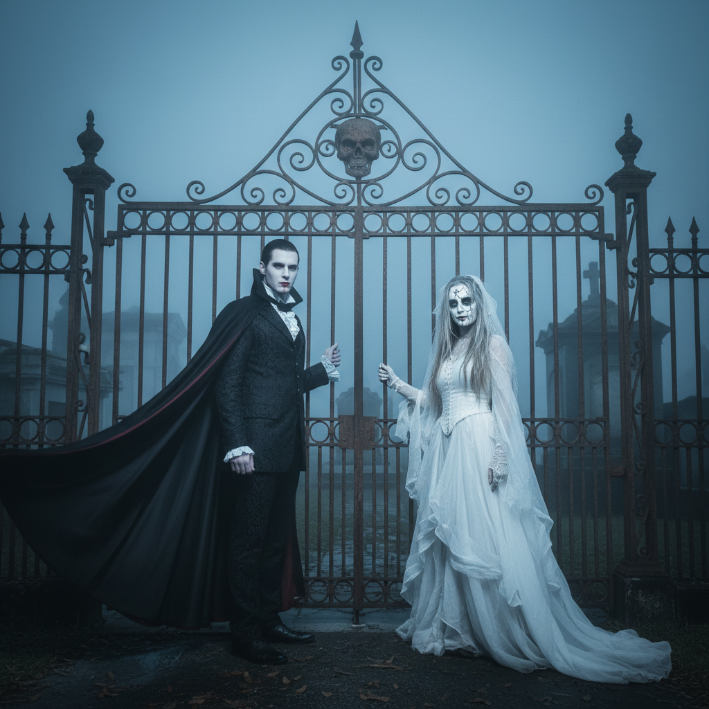 Couple in Victorian vampire and ghost costumes standing at iron cemetery gate in New Orleans fog