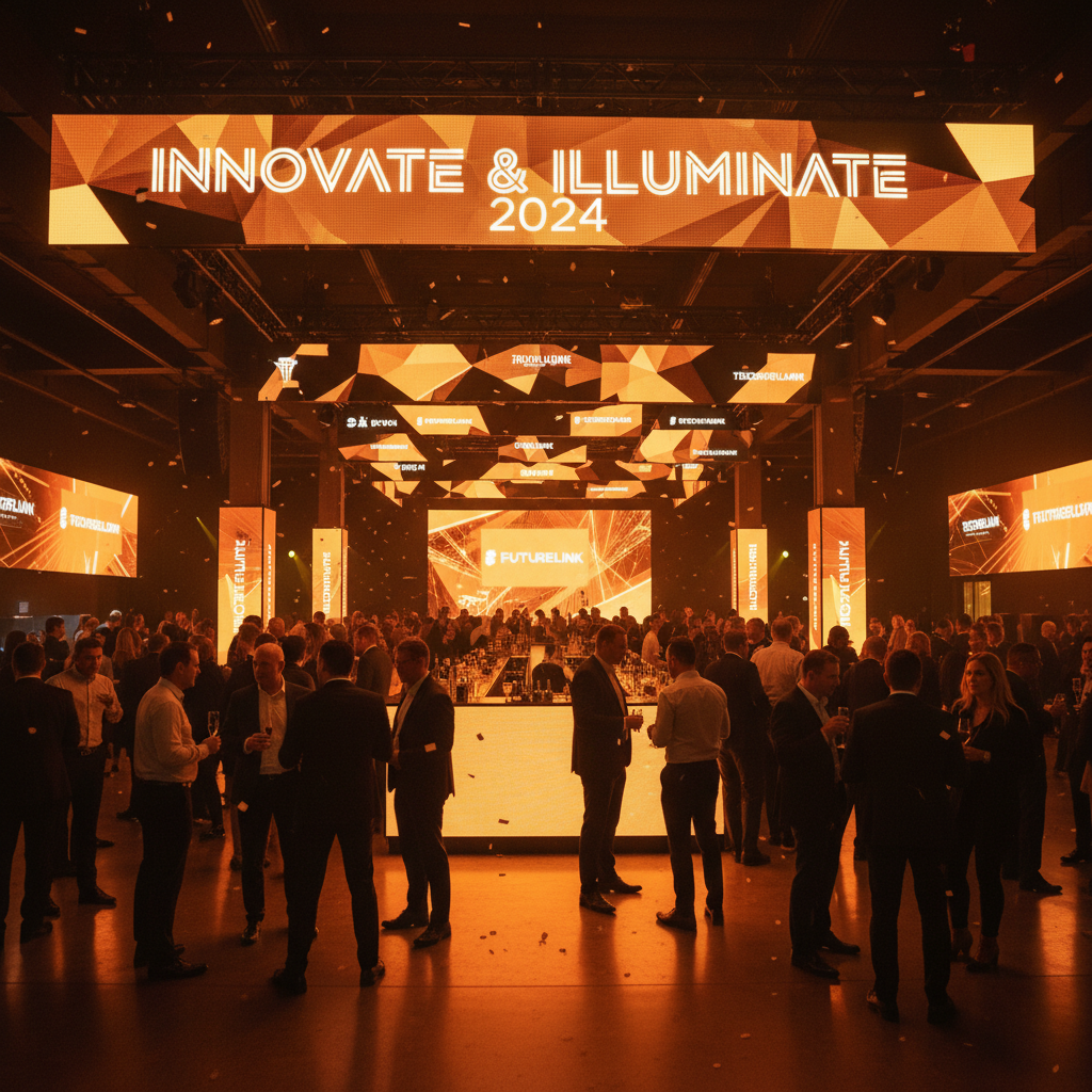 Conference after-party with custom LED signage and branded lighting in deep amber tones