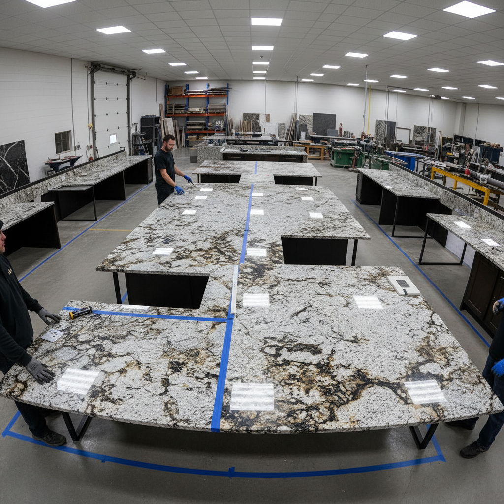 Countertop pieces laid out in dry-fit configuration on shop floor for quality check