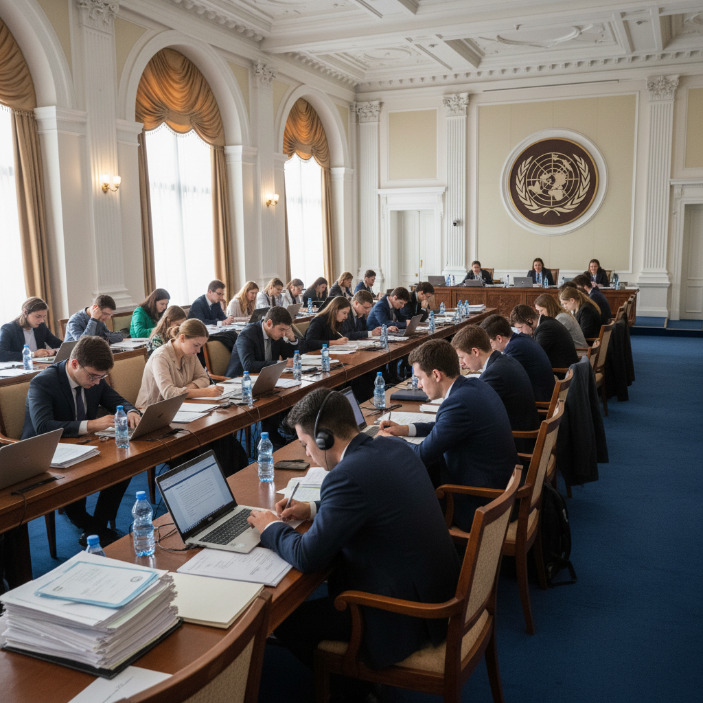 Student delegates taking notes during committee session, professional conference room, focused atmosphere
