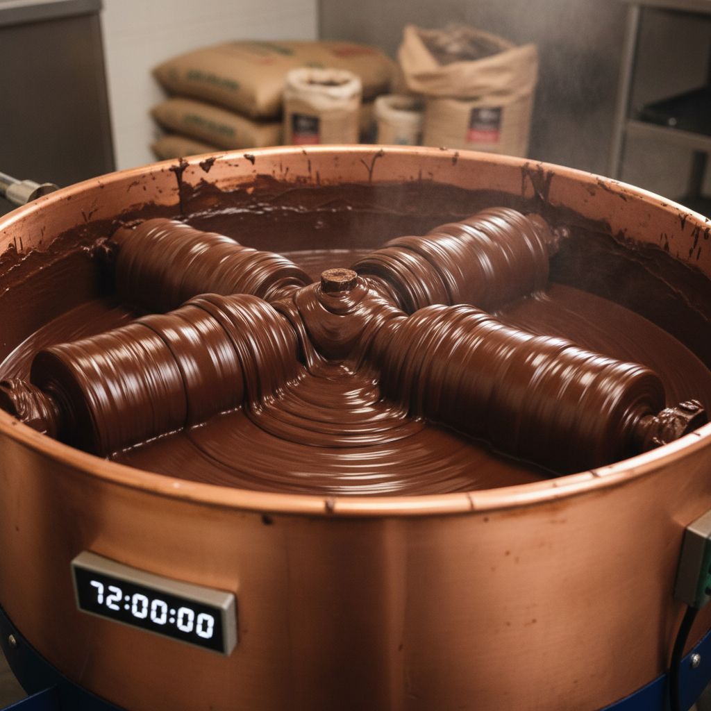 Copper conching drum with smooth dark chocolate being refined over 72 hours