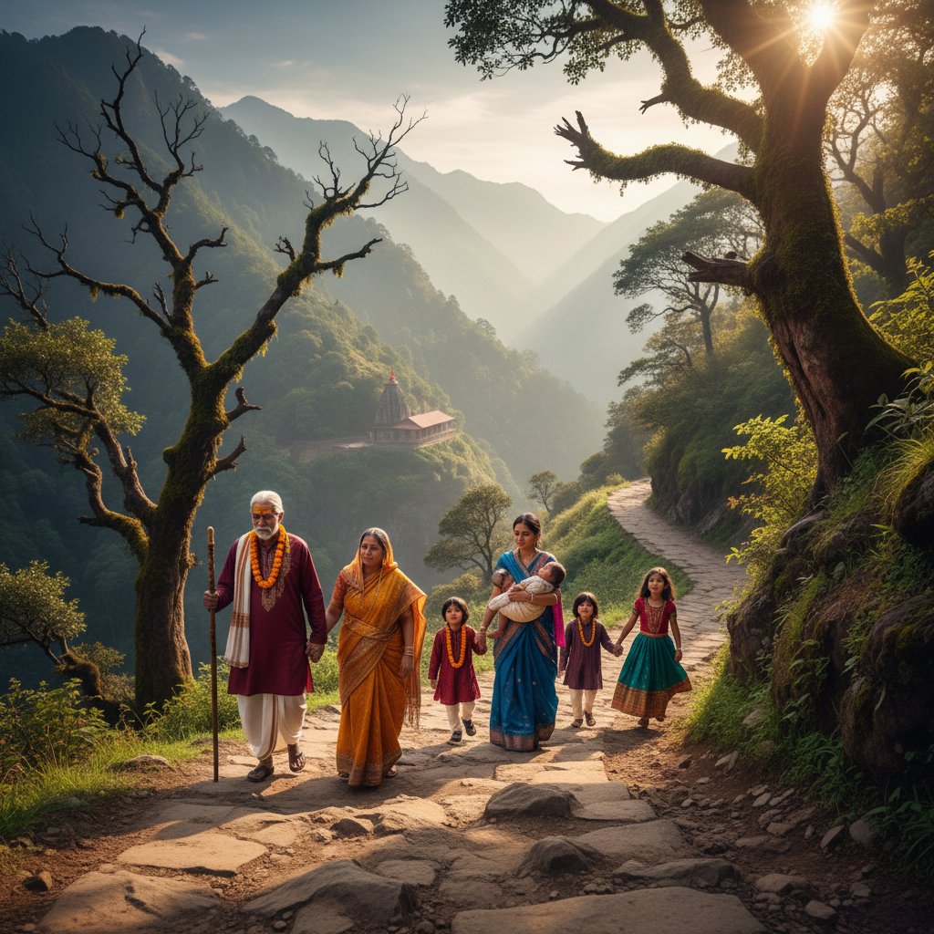 Multi-generational Indian family walking together on a mountain pilgrimage path