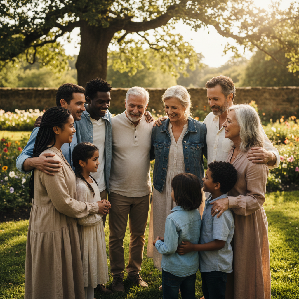 Happy multi-generational family outdoors in California, warm afternoon light, secure and joyful
