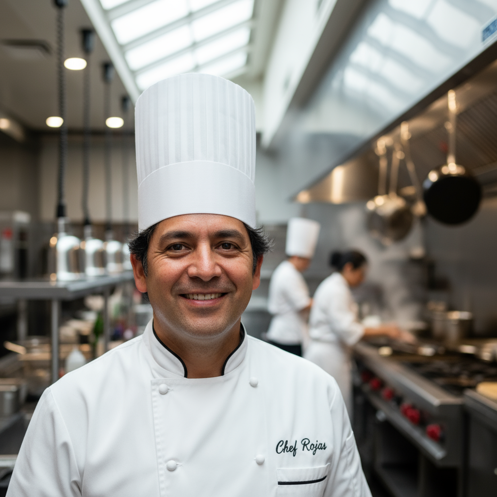 Hispanic man with beard in casual chef attire smiling warmly