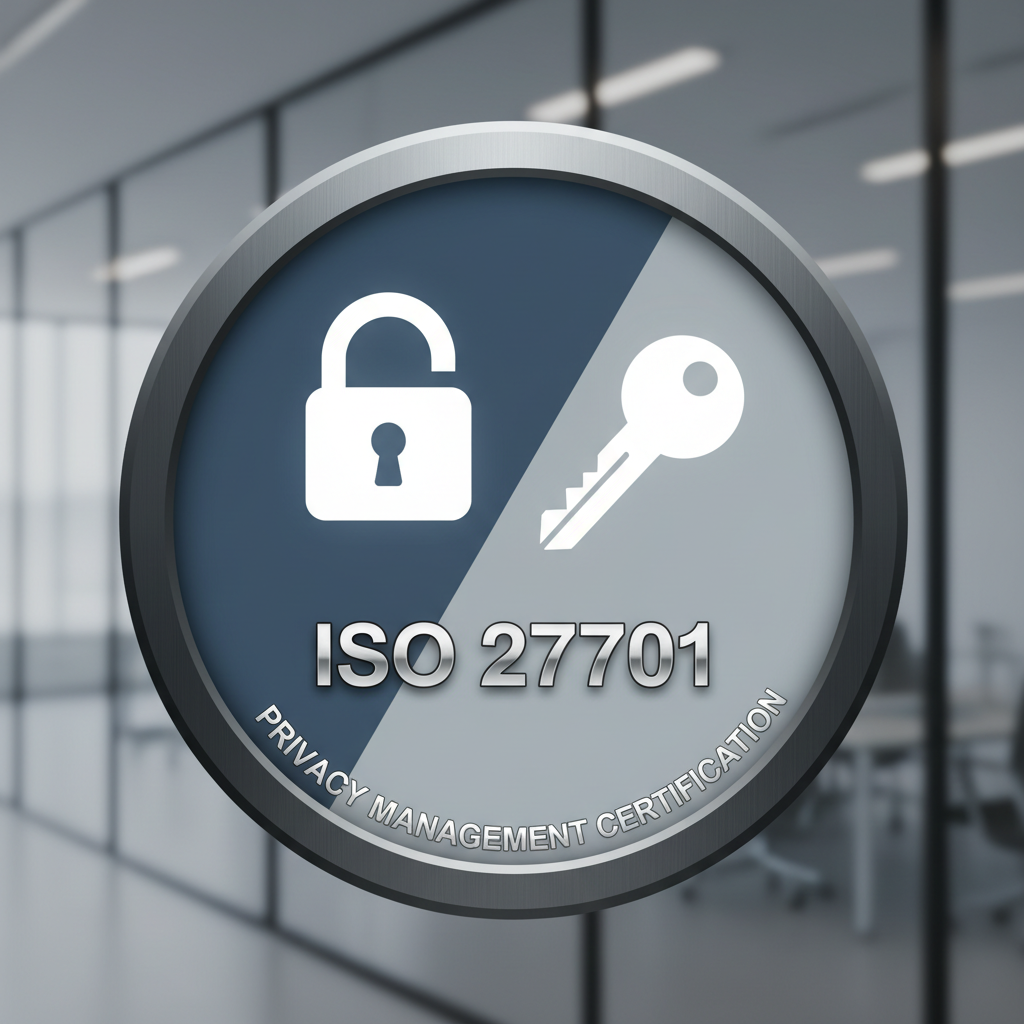ISO 27701 privacy management certification badge with lock and key design