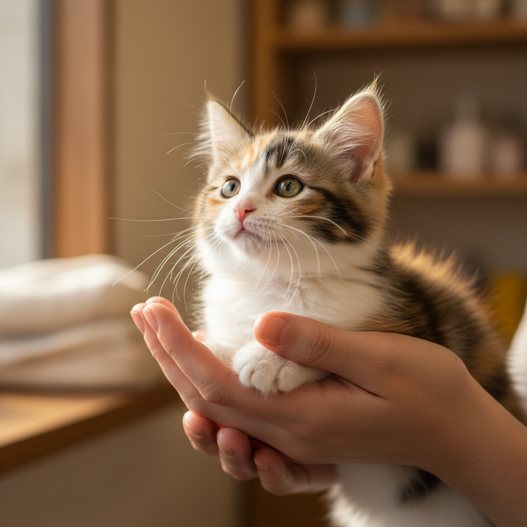 Fluffy calico kitten being gently held by groomer with kind hands