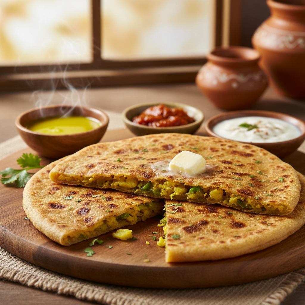 Golden aloo paratha with butter melting on top, pickle on the side, dark moody table