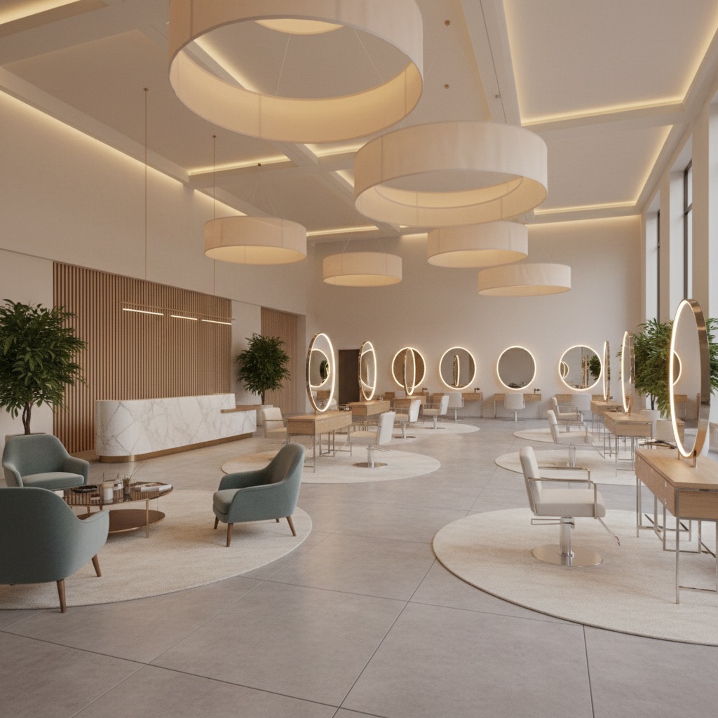 Adalina salon iç mekan — geniş kolonsuz alan, yüksek tavan, yumuşak aydınlatma