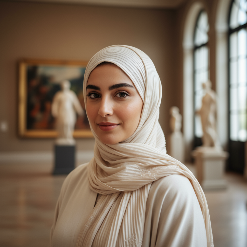 Middle Eastern woman with hijab in professional museum setting