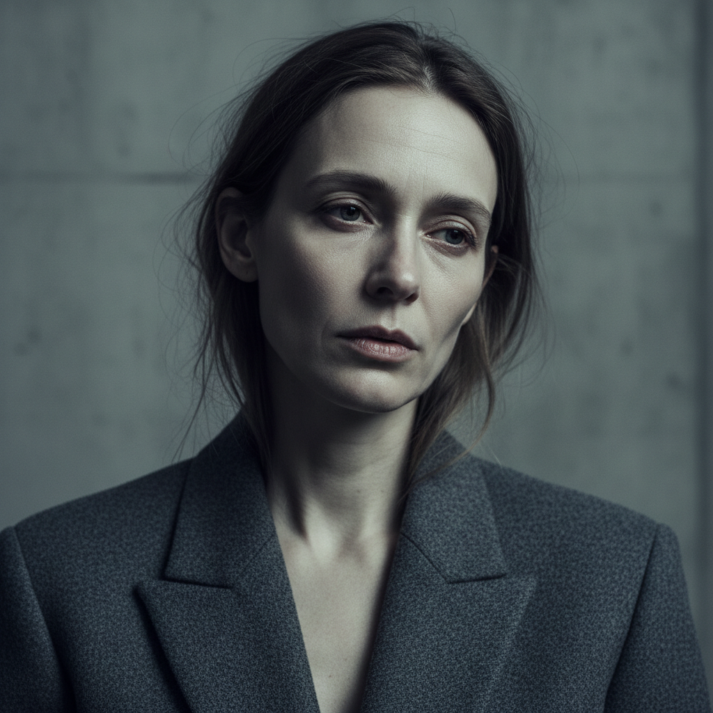 Woman in muted grey blazer looking washed out under studio lights