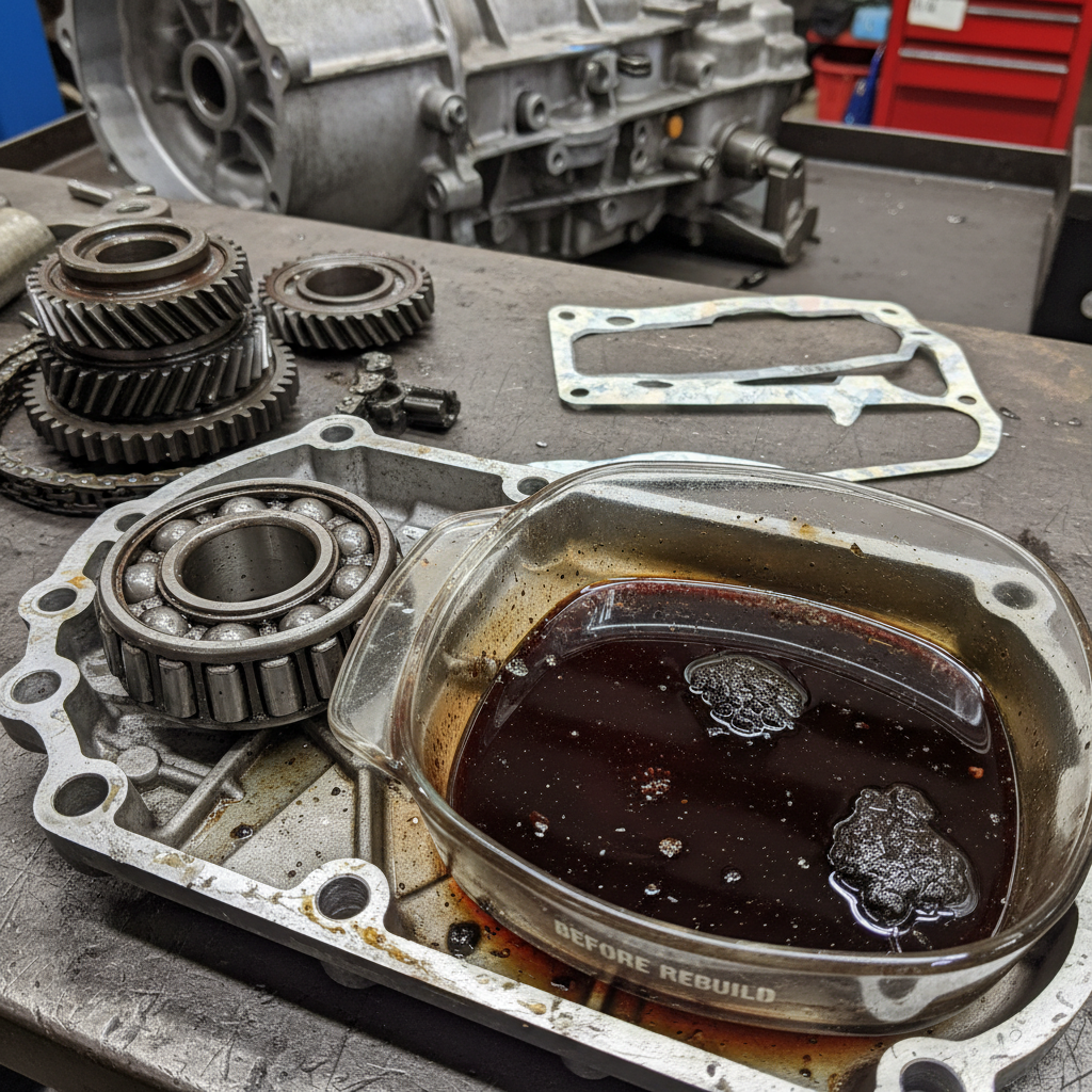 Transfer case showing worn bearing and contaminated ATF fluid before rebuild