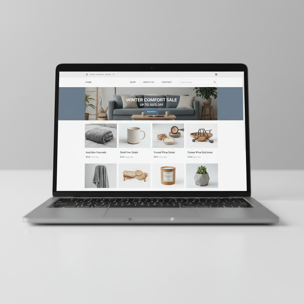 E-commerce online shopping platform with products displayed on laptop screen