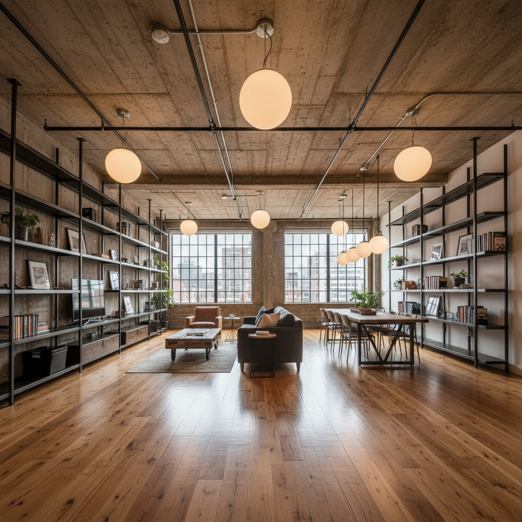 Industrial loft conversion with exposed beams, concrete floors, and modern minimalist furnishings in warm light