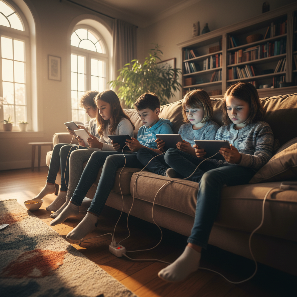 Small group of children absorbed in their screens, natural afternoon light