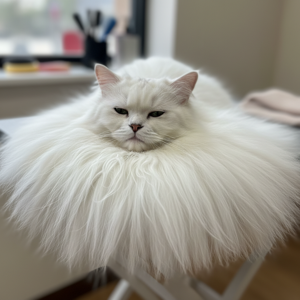 White Persian cat with fluffy mane fanned across grooming table
