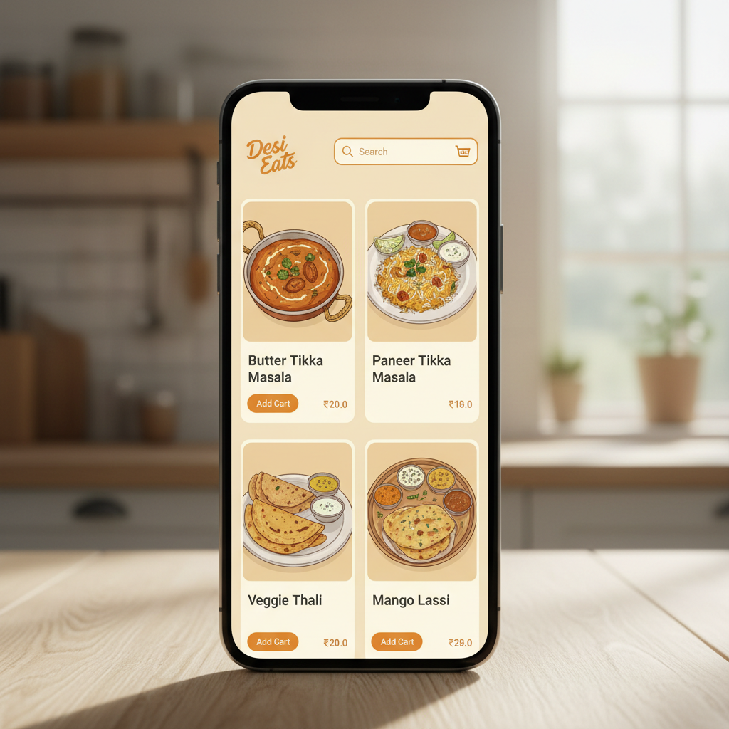 Restaurant ordering system on dark monitor, warm amber menu cards, clean food category layout