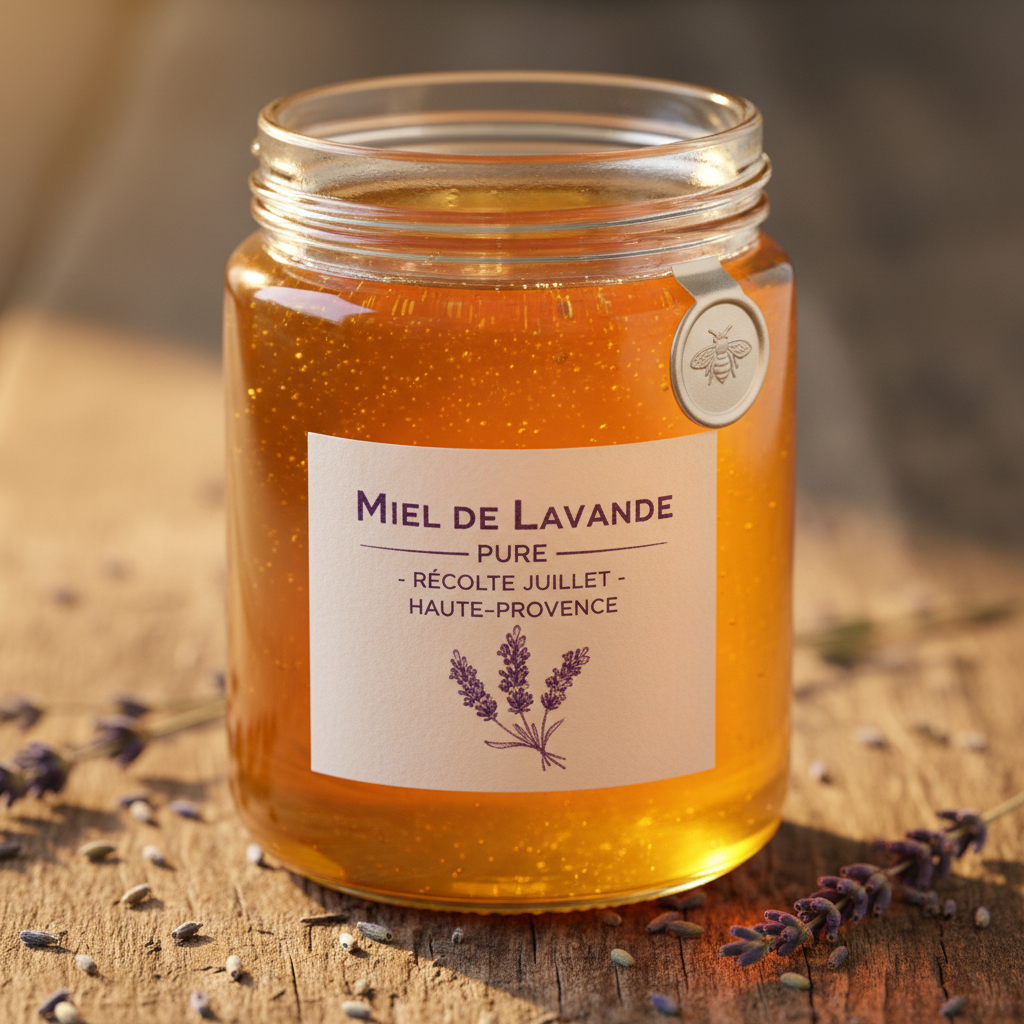 Pot de miel doré avec fleurs de lavande sur fond clair