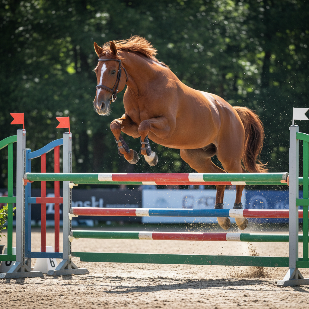Bay horse and rider clearing a colorful show jumping fence