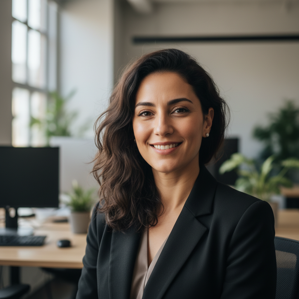 Middle Eastern professional woman with warm smile in business setting, soft office lighting