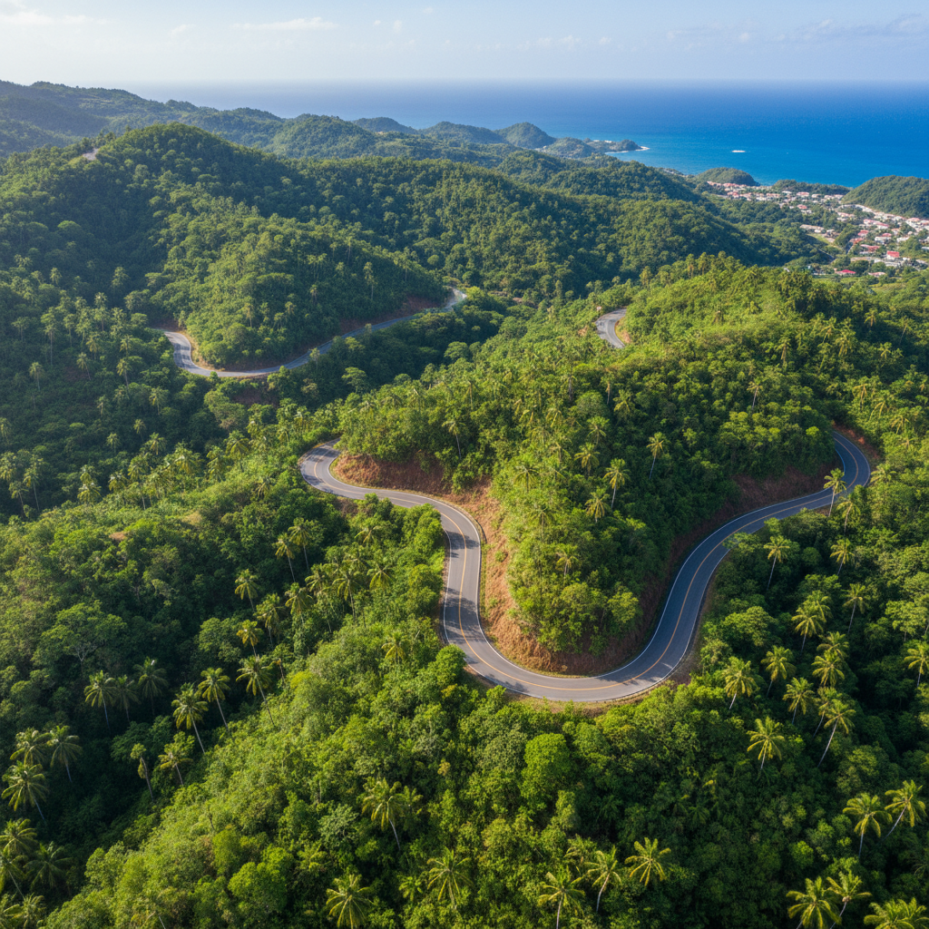 Aerial panoramic view of Dominica lush green mountains and tropical rainforest valleys at golden hour
