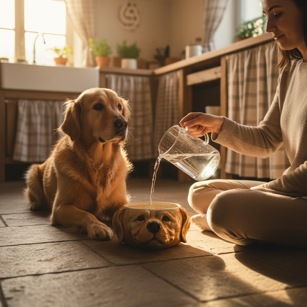 Sitter filling a golden retriever's ceramic water bowl in a warm kitchen