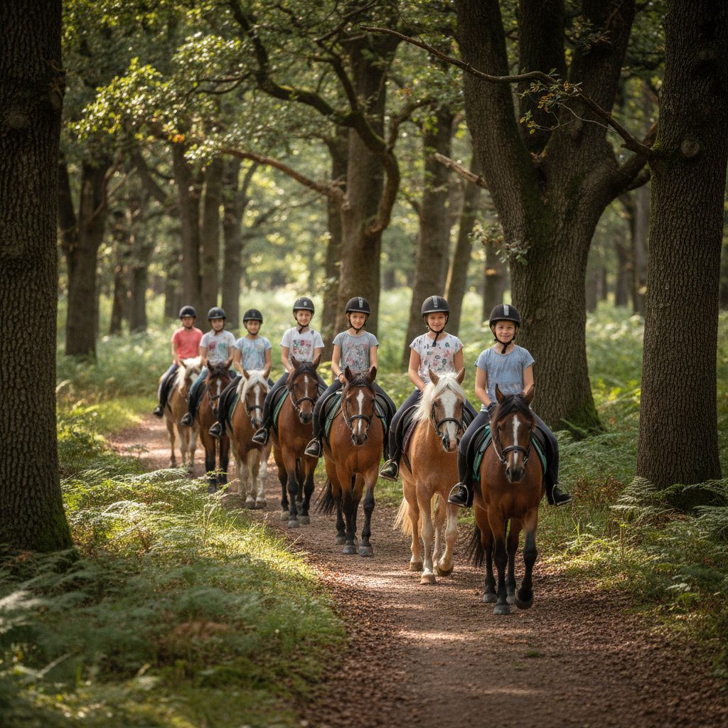 Group of kids on horseback riding single file along a wooded trail, dappled light filtering through oak trees