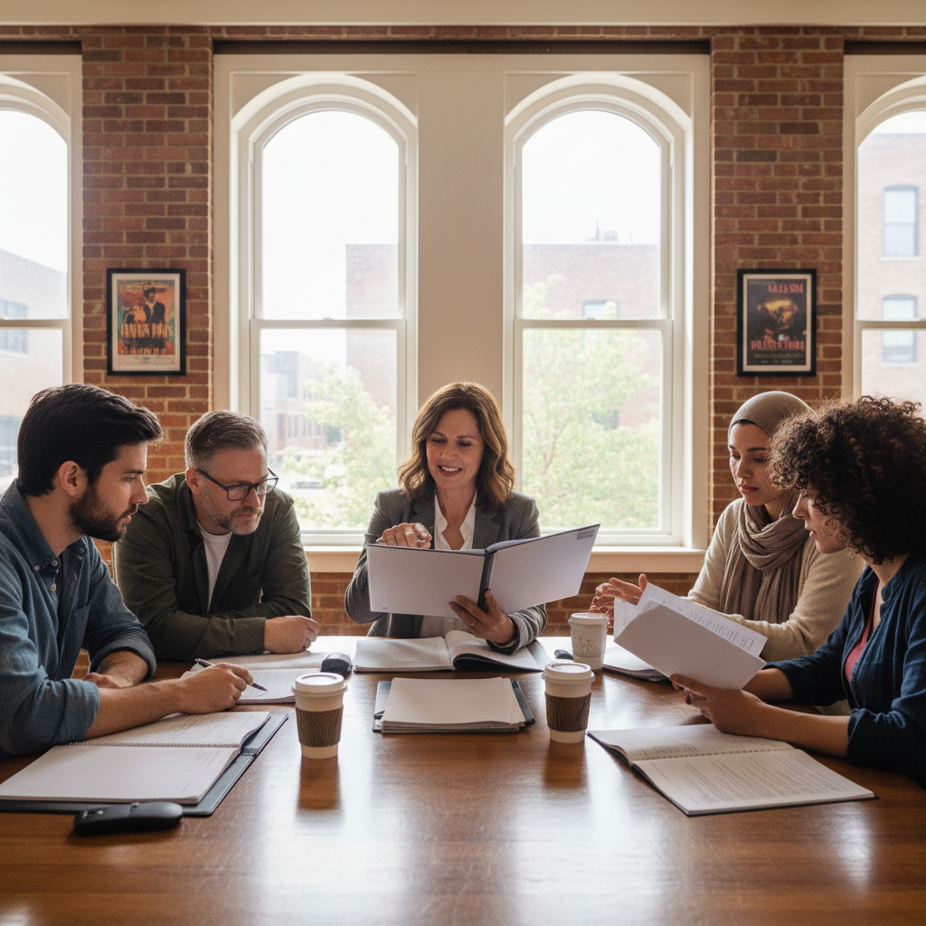 Diverse team of logistics professionals gathered around table reviewing shipping documents and smiling