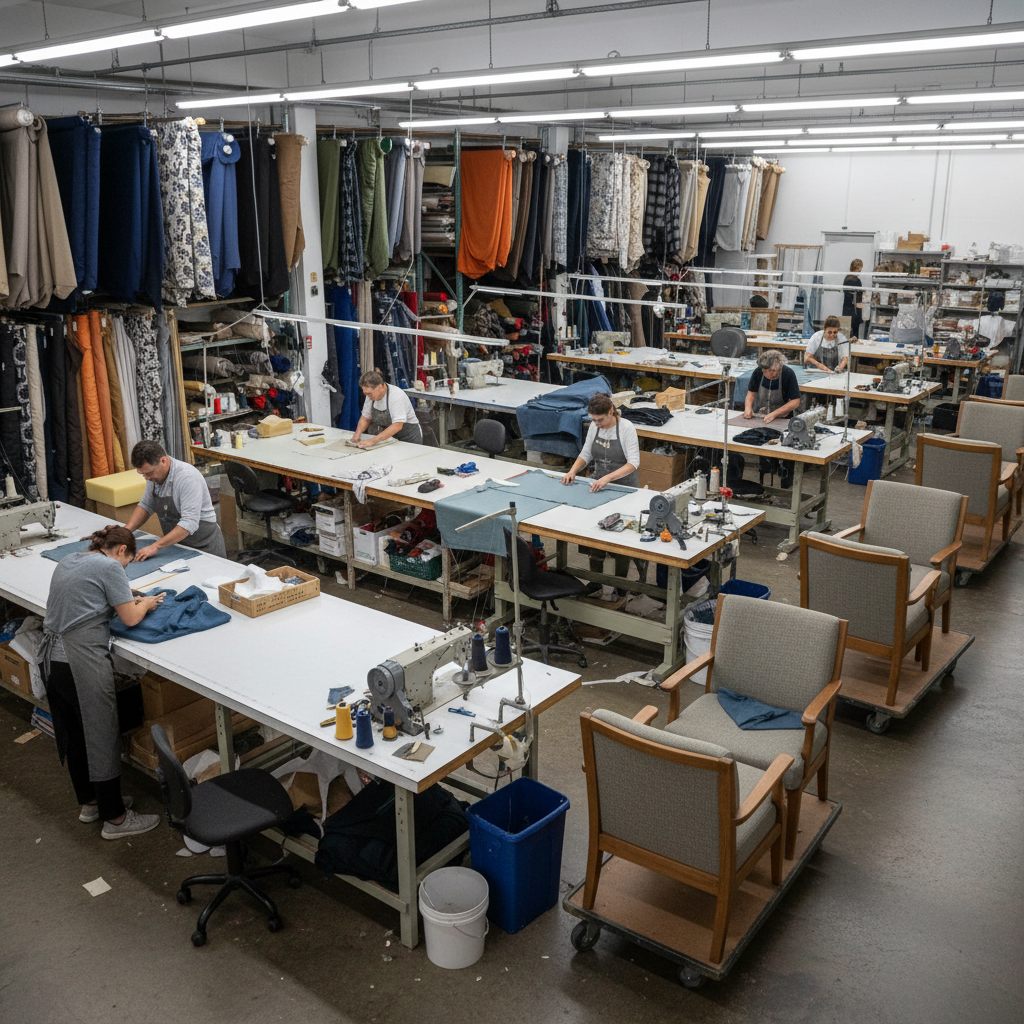 Workshop floor with multiple upholstery projects organized in commercial production layout