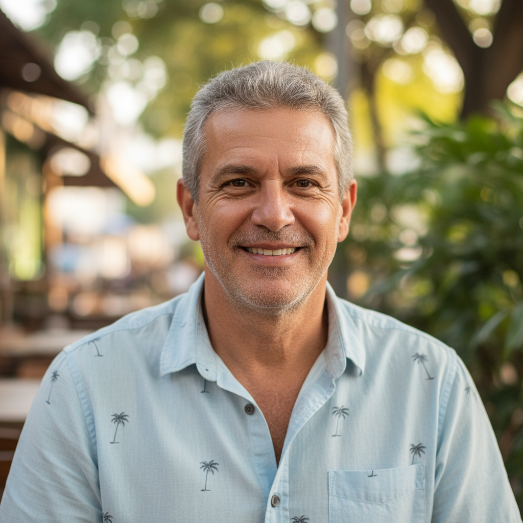 Homem brasileiro jovem com cabelo curto, usando camisa polo cinza, trabalhando em múltiplos monitores