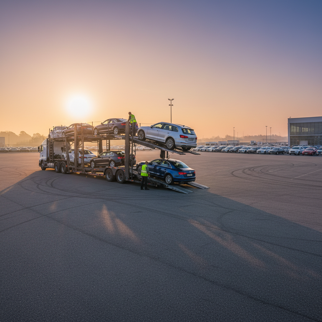 Carrier truck unloading vehicles on a logistics yard at dawn