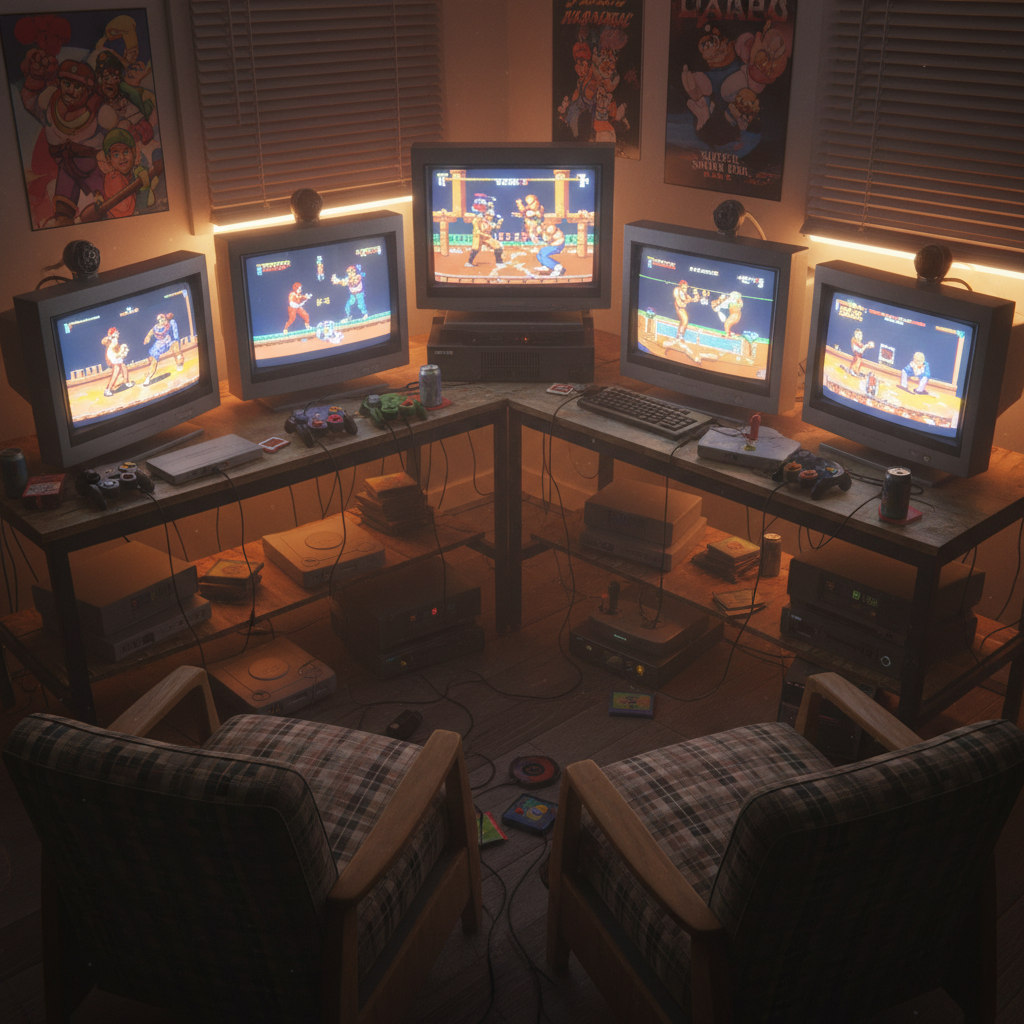Retro gaming corner with CRT monitors running classic fighting games and Melee setups
