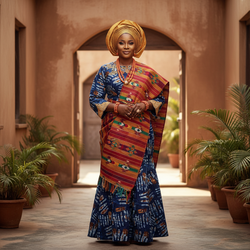 Nigerian women in traditional attire gathered outdoors in sunlit community space, warm golden hour light, deep shadows on periphery