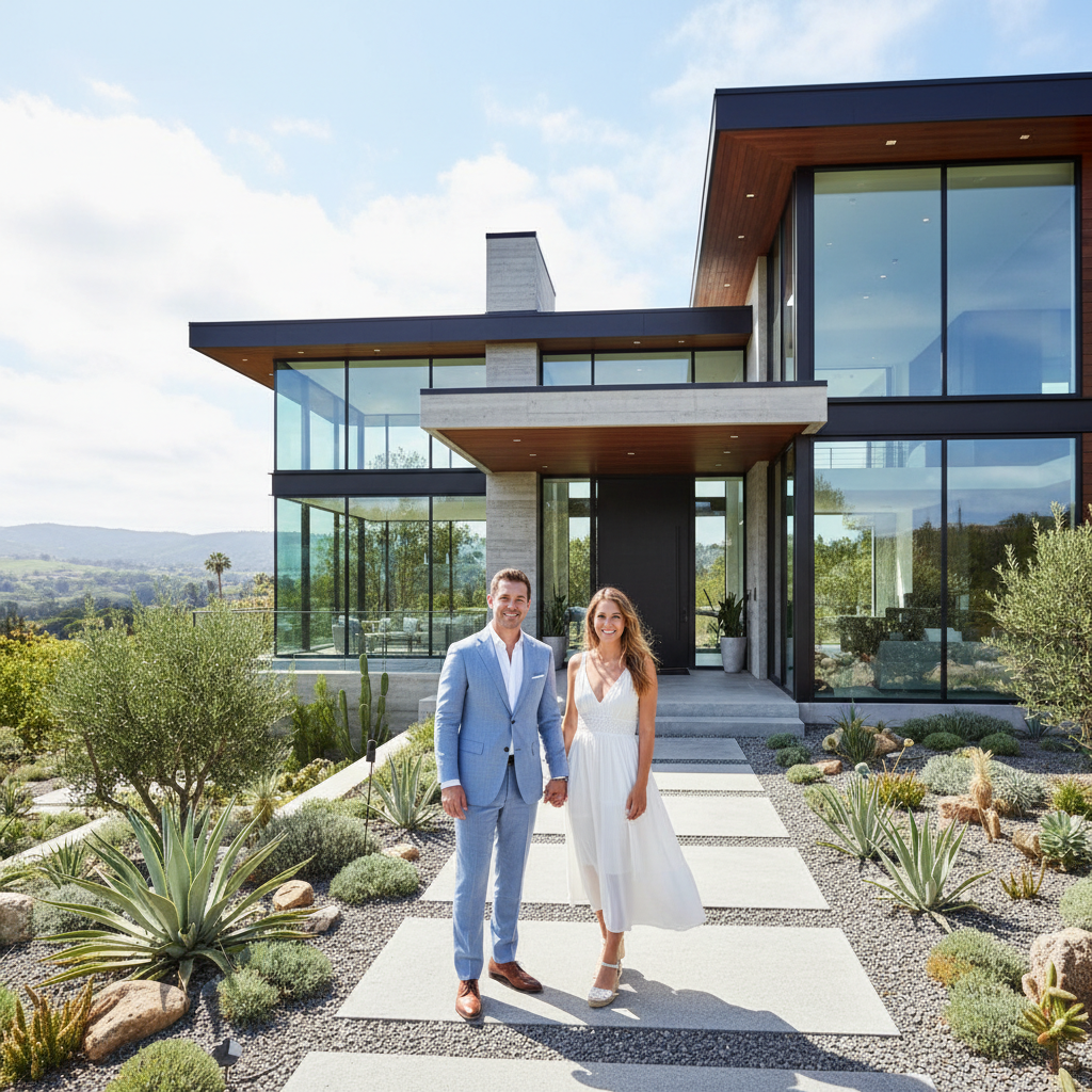 Elegant couple at the entrance of a luxury Johannesburg property — considered property decision, Prestige Property Group