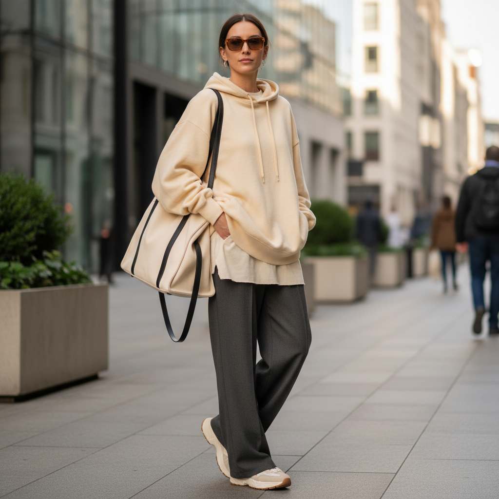 Premium oversized hoodie with worn-in texture, effortlessly cool streetwear aesthetic, Golden Goose inspired