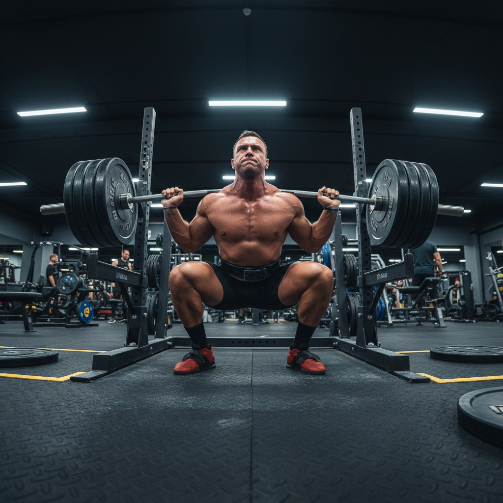 Athlete deadlifting heavy barbell, intense focus, gym floor view