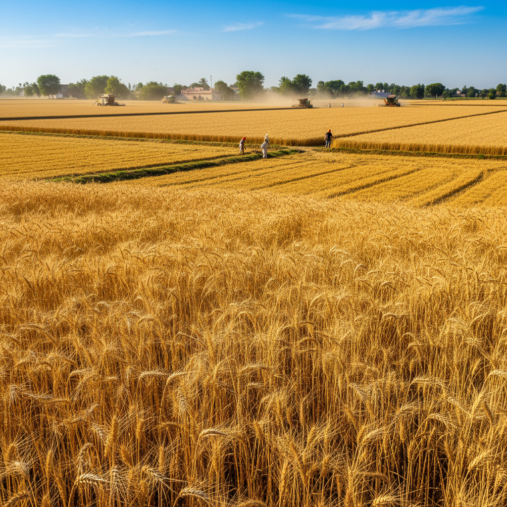Golden wheat fields at harvest time, rows of crops in warm sunlight, agricultural export commodities