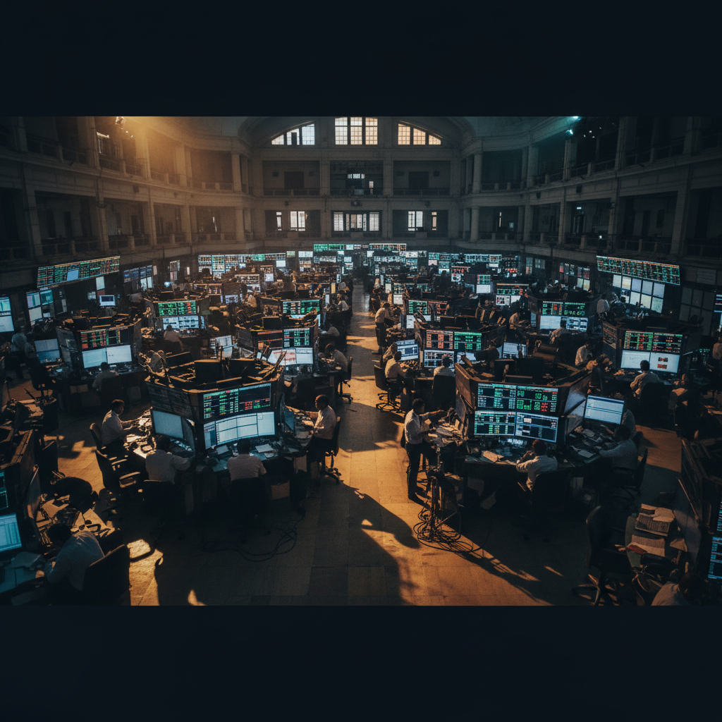 Dark abstract financial data visualization, shadowed trading screens, moody atmosphere