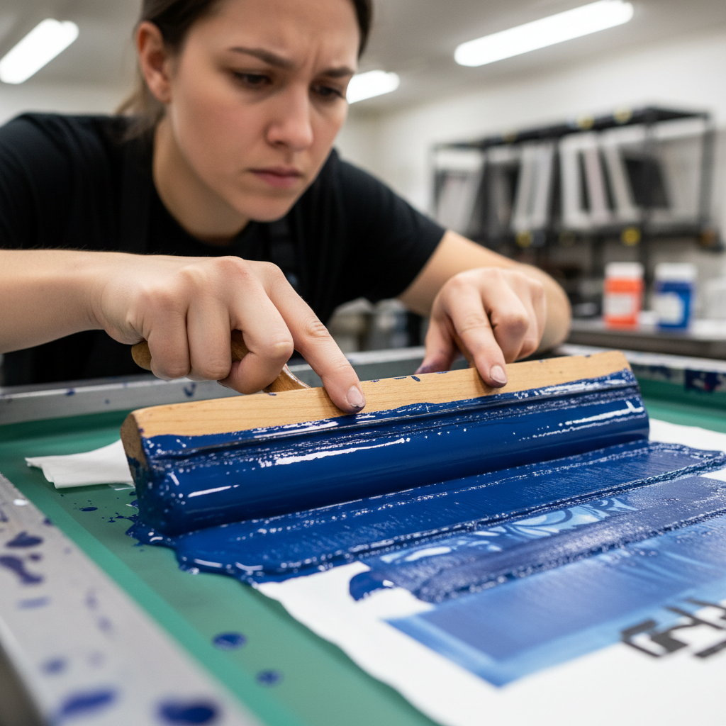 Soo-Jin Park, screenprint instructor, pulling ink across a screen with precise squeegee technique