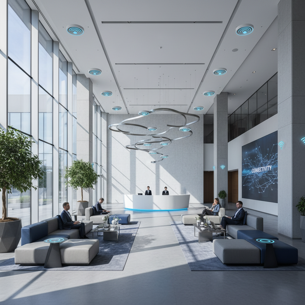 Luxury hotel lobby with modern technology infrastructure and elegant lighting