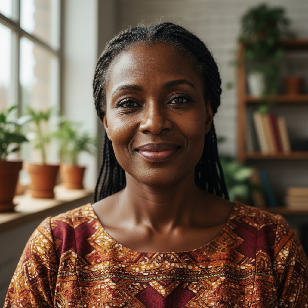 Grace Muthoni, compassionate African woman in calm indoor setting, warm expression