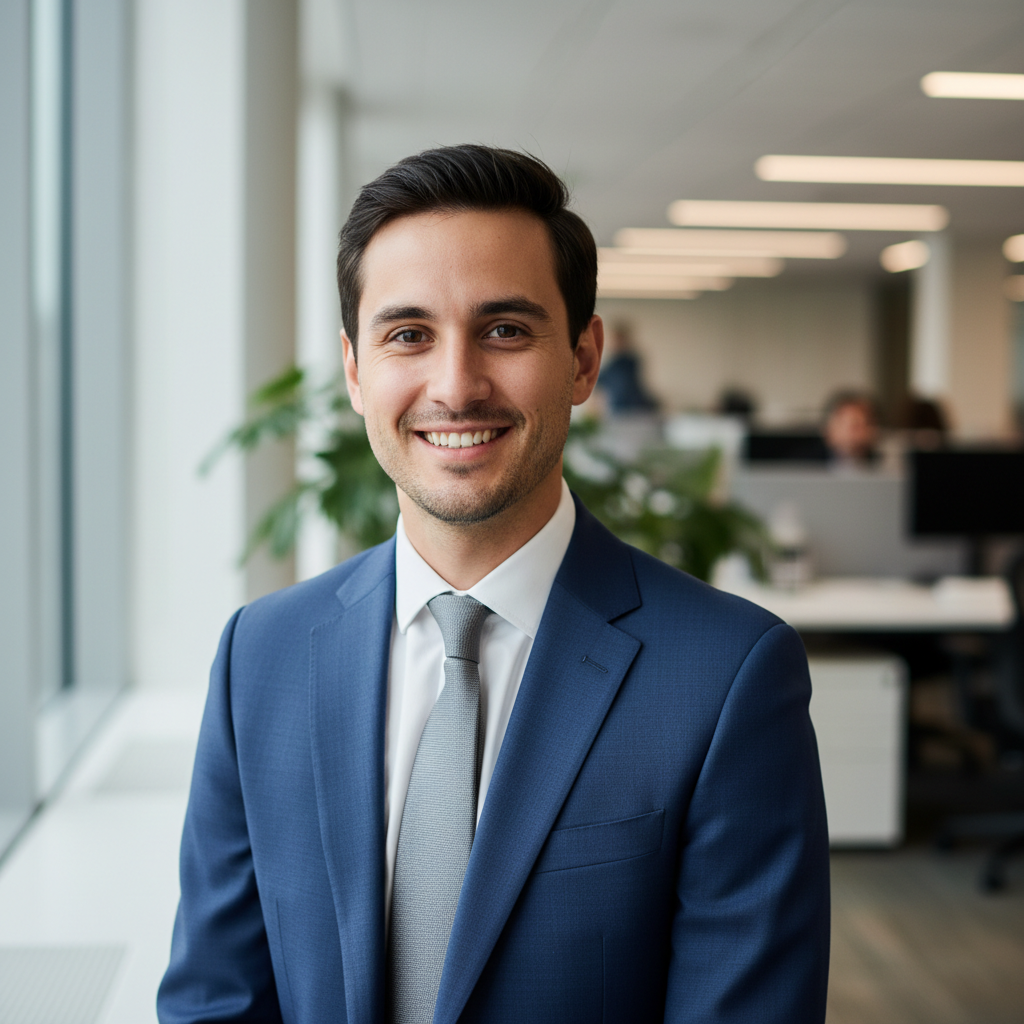 Man in casual shirt, warm smile, office setting