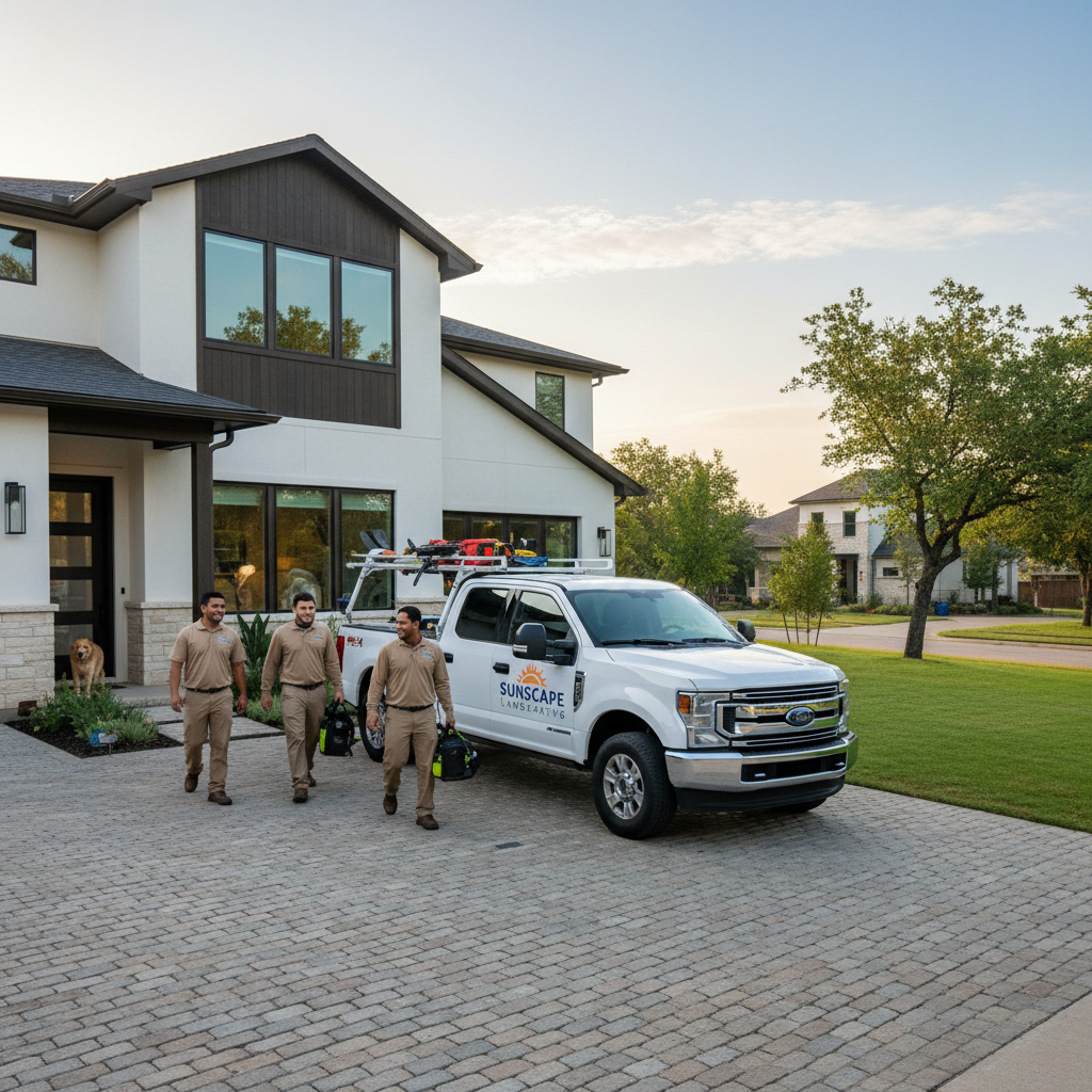 Sunscape crew truck parked at Austin residential property, professional team arriving on schedule early morning