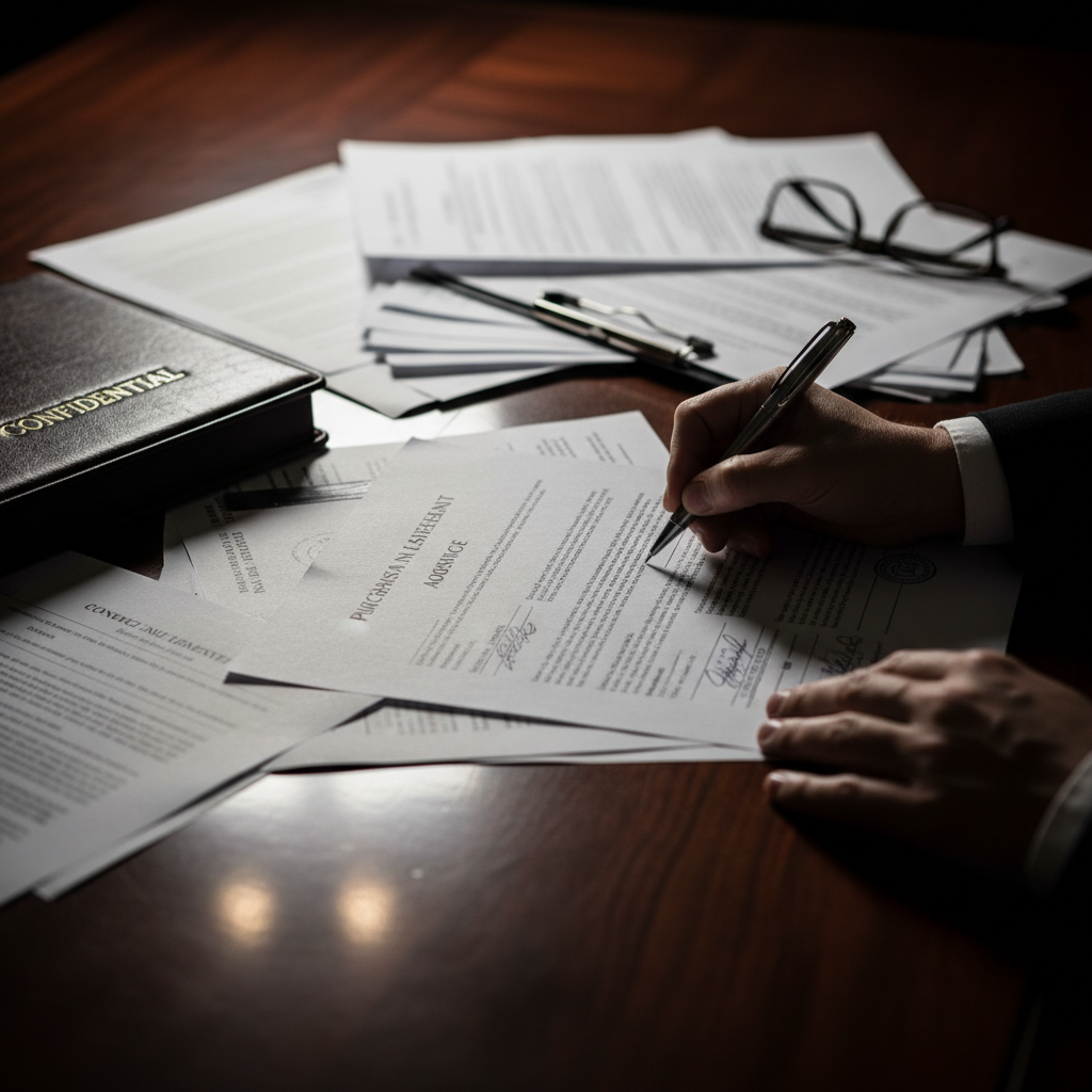 Commercial real estate deal closing paperwork on dark desk, low-key professional lighting, deep shadows, moody atmosphere